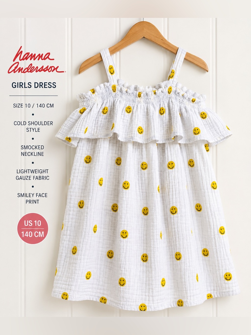 Hanna Andersson Girls 10 140 Smiley Face Gauze Cold Shoulder Ruffle Dress